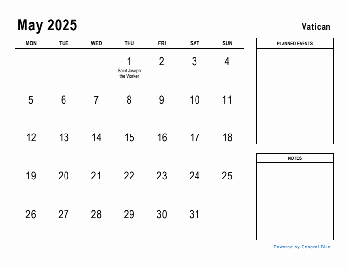 May 2025 Printable Monthly Calendar with Vatican Holidays