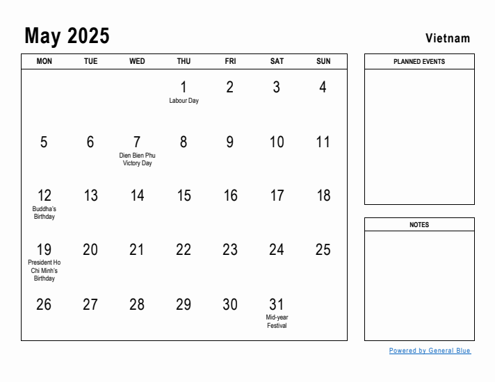 May 2025 Printable Monthly Calendar with Vietnam Holidays