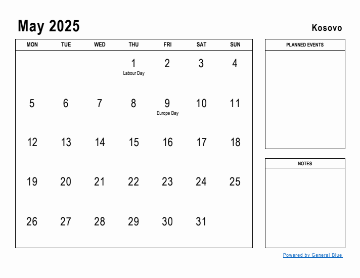 May 2025 Printable Monthly Calendar with Kosovo Holidays