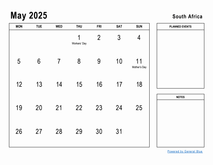 May 2025 Printable Monthly Calendar with South Africa Holidays