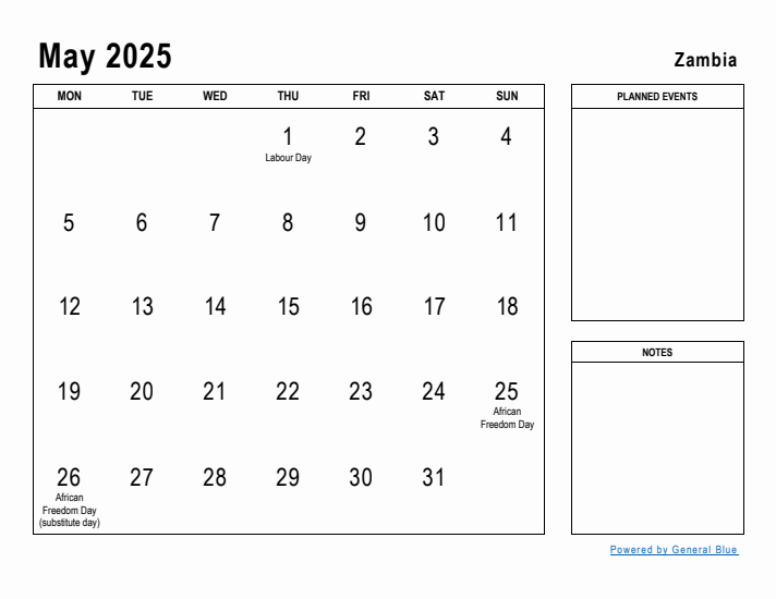 May 2025 Printable Monthly Calendar with Zambia Holidays