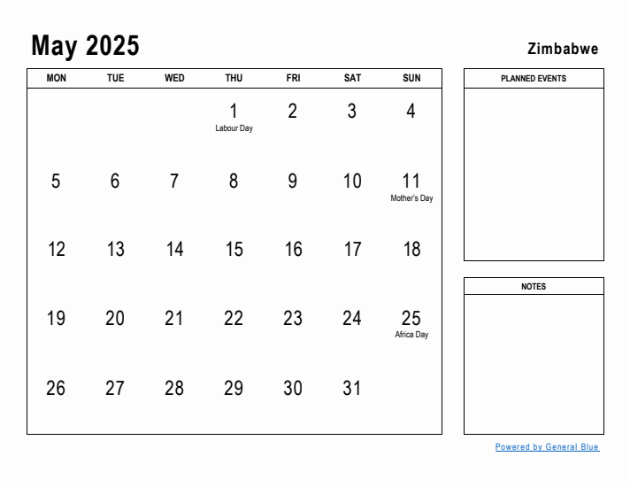 May 2025 Printable Monthly Calendar with Zimbabwe Holidays