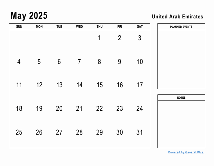 May 2025 Printable Monthly Calendar with United Arab Emirates Holidays