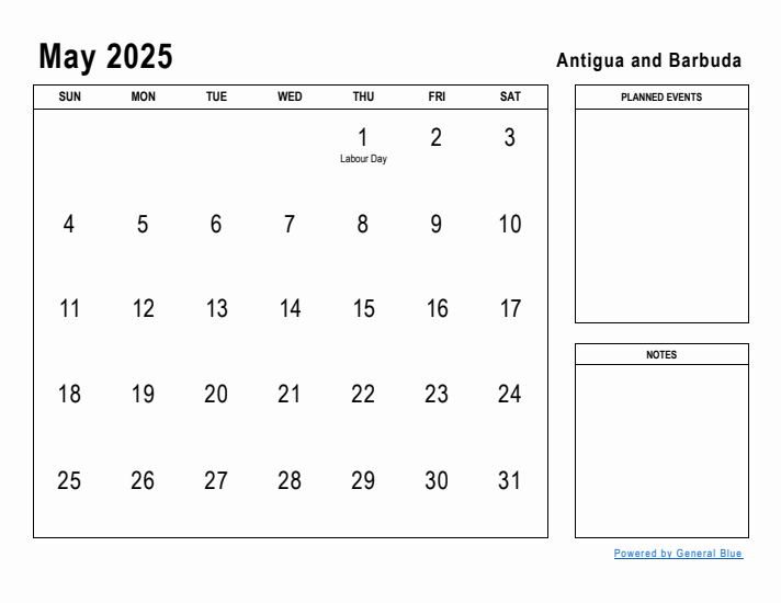 May 2025 Printable Monthly Calendar with Antigua and Barbuda Holidays