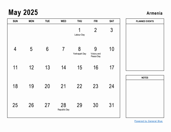 May 2025 Printable Monthly Calendar with Armenia Holidays