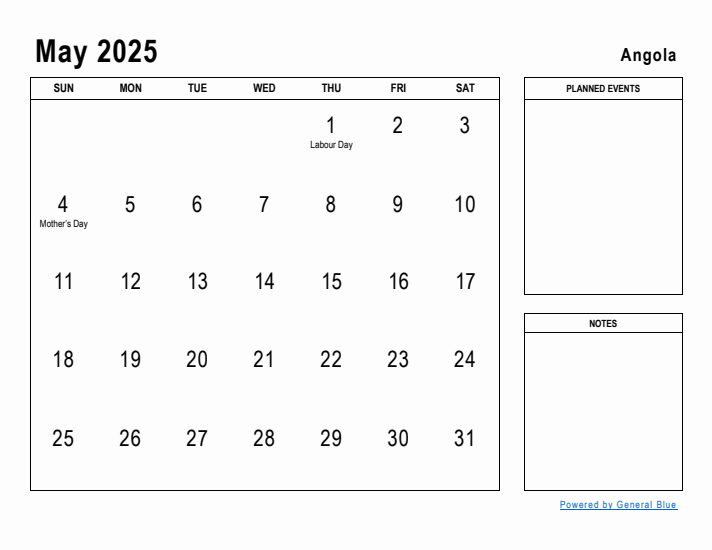 May 2025 Printable Monthly Calendar with Angola Holidays