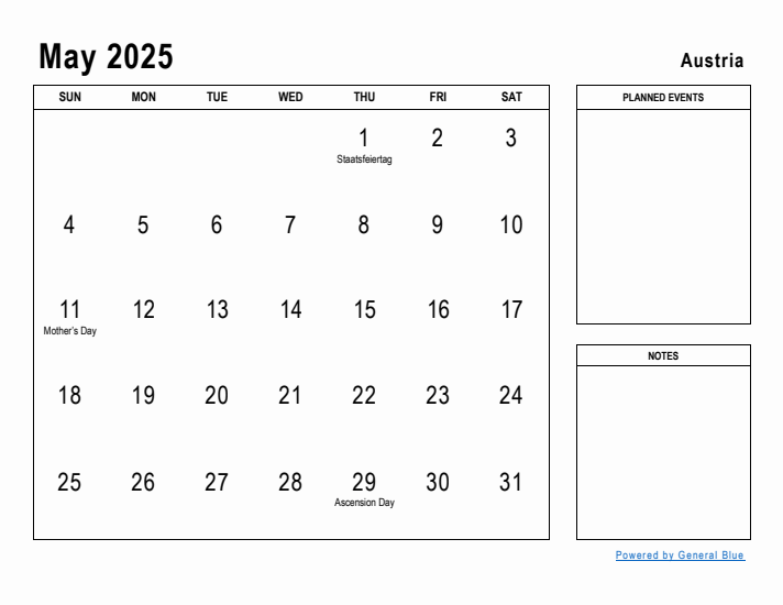 May 2025 Printable Monthly Calendar with Austria Holidays