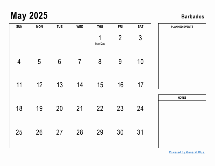 May 2025 Printable Monthly Calendar with Barbados Holidays