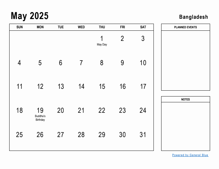 May 2025 Printable Monthly Calendar with Bangladesh Holidays