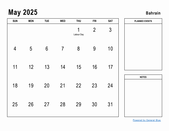 May 2025 Printable Monthly Calendar with Bahrain Holidays