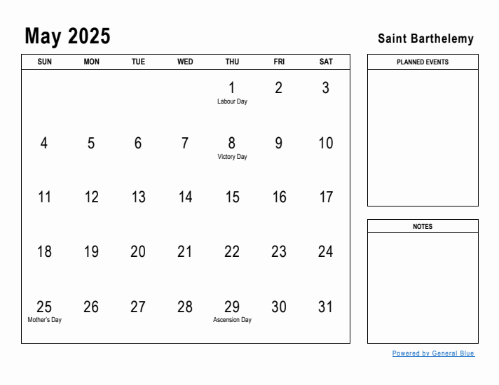 May 2025 Printable Monthly Calendar with Saint Barthelemy Holidays