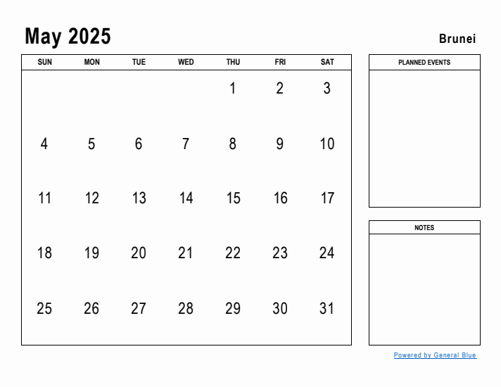 May 2025 Printable Monthly Calendar with Brunei Holidays