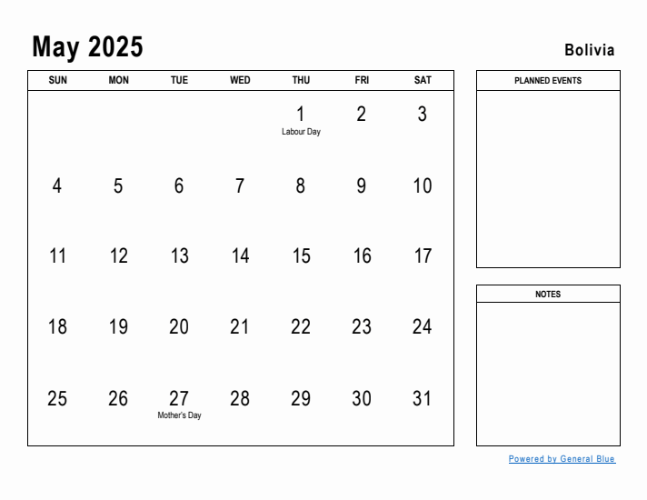 May 2025 Printable Monthly Calendar with Bolivia Holidays