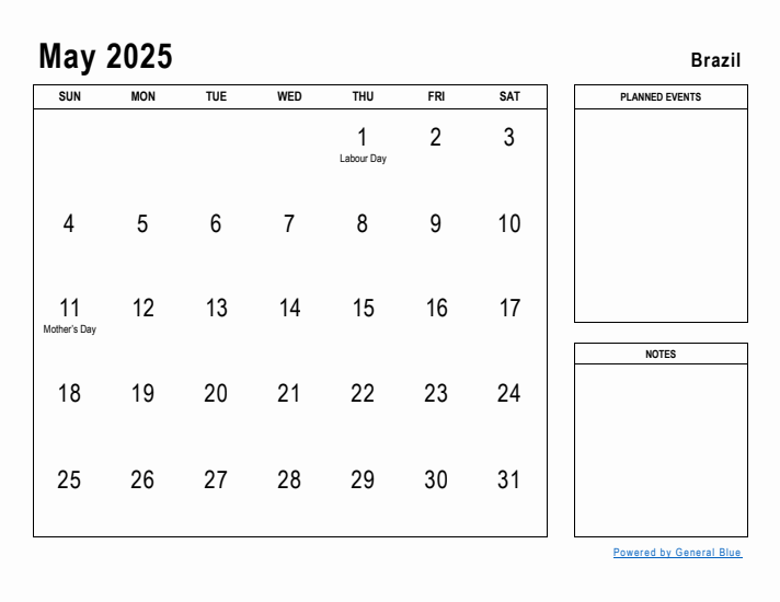 May 2025 Printable Monthly Calendar with Brazil Holidays