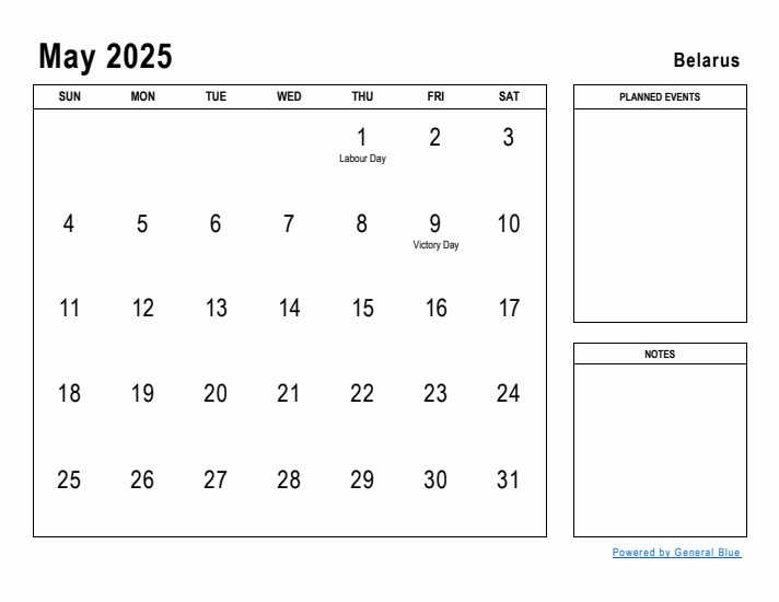 May 2025 Printable Monthly Calendar with Belarus Holidays