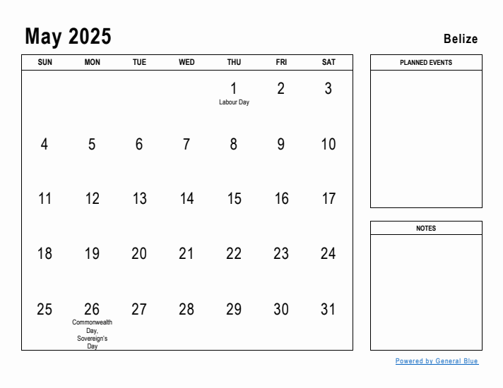 May 2025 Printable Monthly Calendar with Belize Holidays