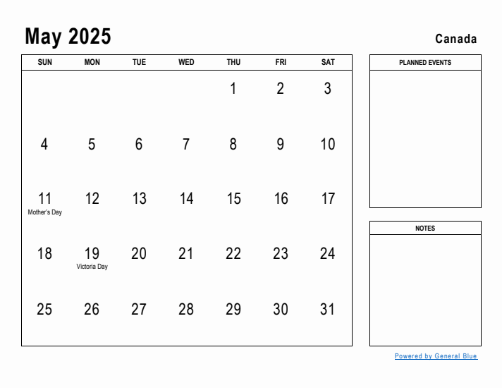 May 2025 Printable Monthly Calendar with Canada Holidays