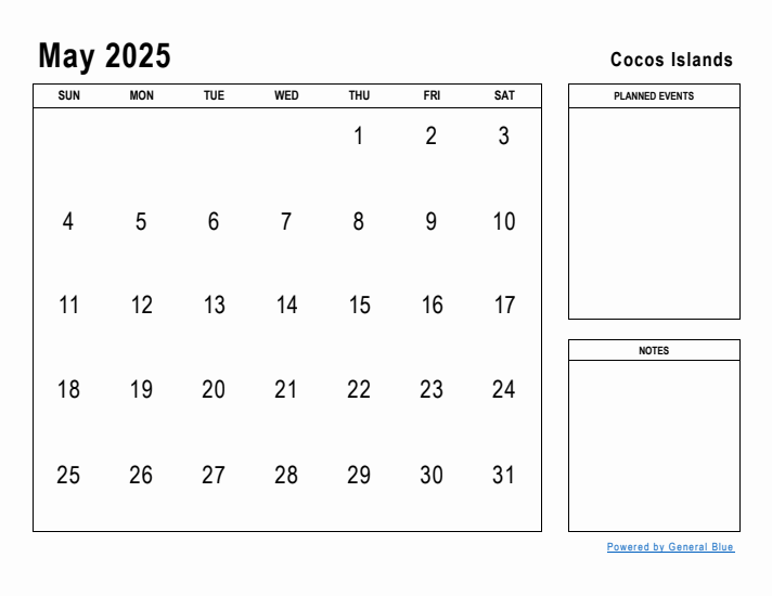 May 2025 Printable Monthly Calendar with Cocos Islands Holidays