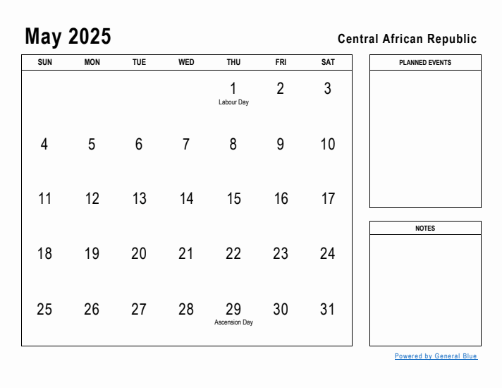 May 2025 Printable Monthly Calendar with Central African Republic Holidays