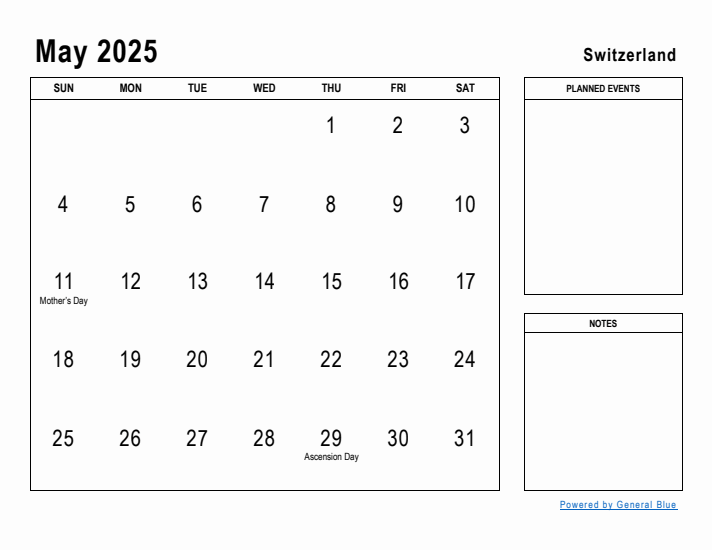 May 2025 Printable Monthly Calendar with Switzerland Holidays