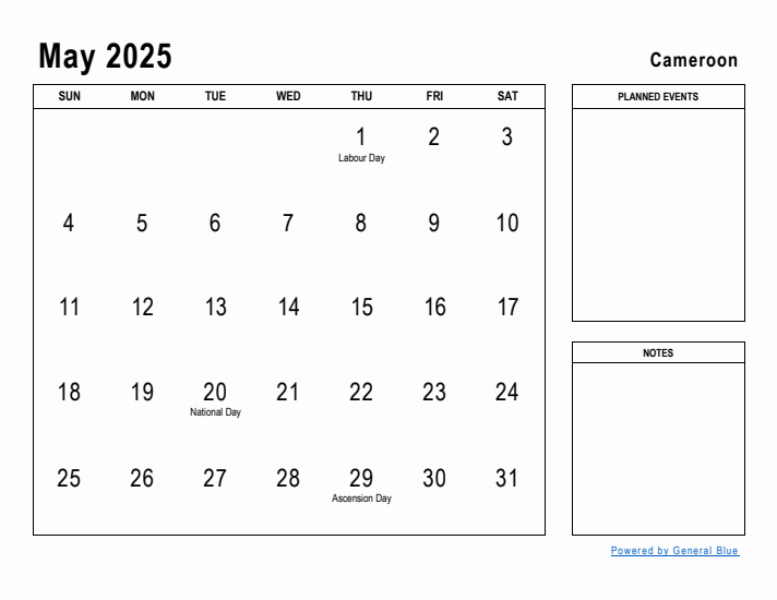 May 2025 Printable Monthly Calendar with Cameroon Holidays