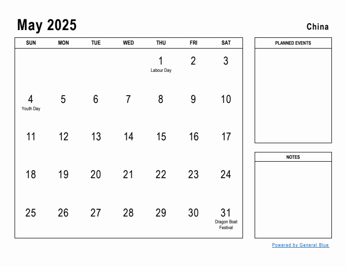 May 2025 Printable Monthly Calendar with China Holidays