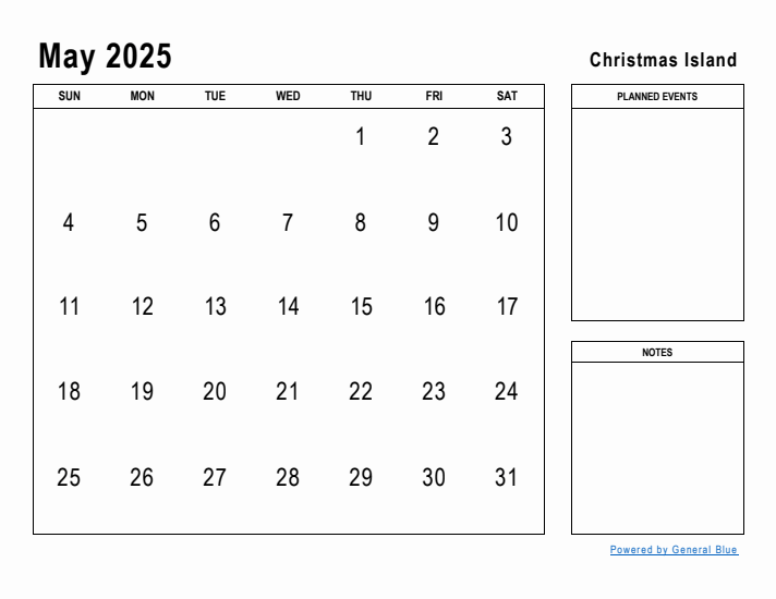 May 2025 Printable Monthly Calendar with Christmas Island Holidays