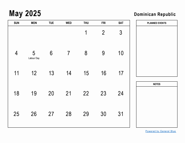 May 2025 Printable Monthly Calendar with Dominican Republic Holidays