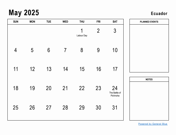 May 2025 Printable Monthly Calendar with Ecuador Holidays