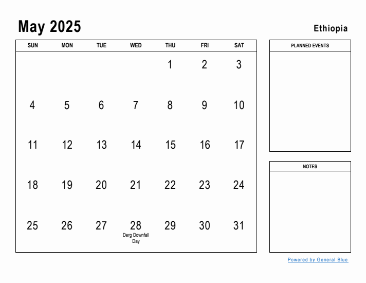 May 2025 Printable Monthly Calendar with Ethiopia Holidays