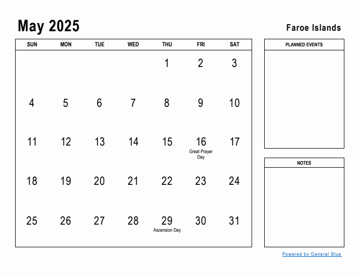 May 2025 Printable Monthly Calendar with Faroe Islands Holidays