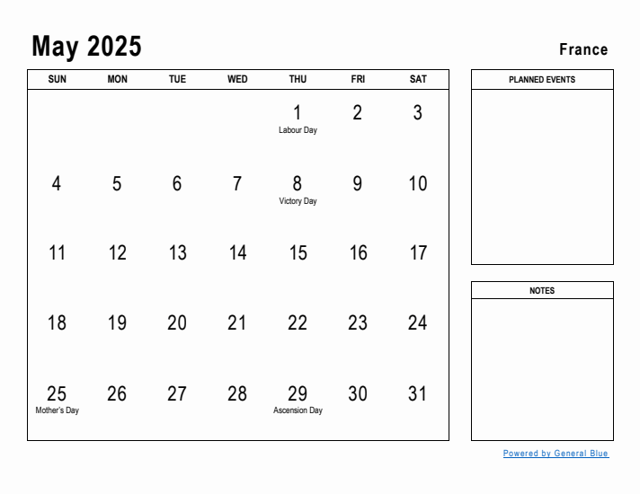 May 2025 Printable Monthly Calendar with France Holidays