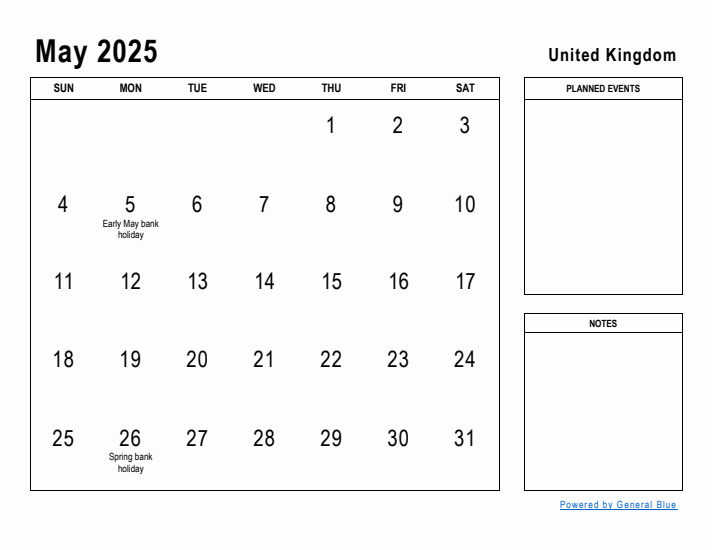 May 2025 Printable Monthly Calendar with United Kingdom Holidays