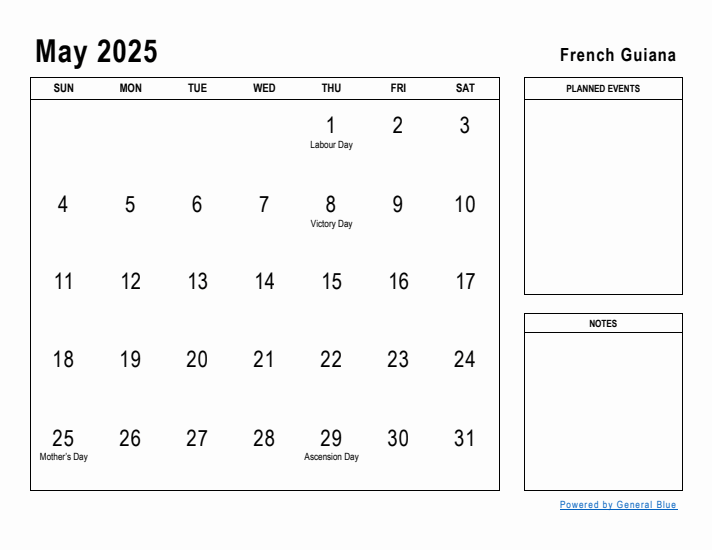 May 2025 Printable Monthly Calendar with French Guiana Holidays