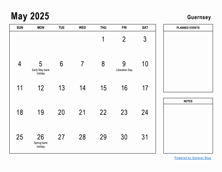 May 2025 Printable Monthly Calendar with Guernsey Holidays