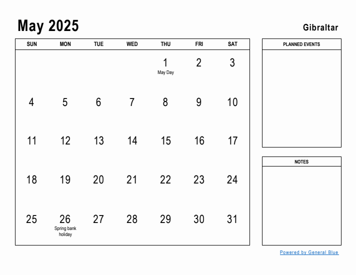 May 2025 Printable Monthly Calendar with Gibraltar Holidays