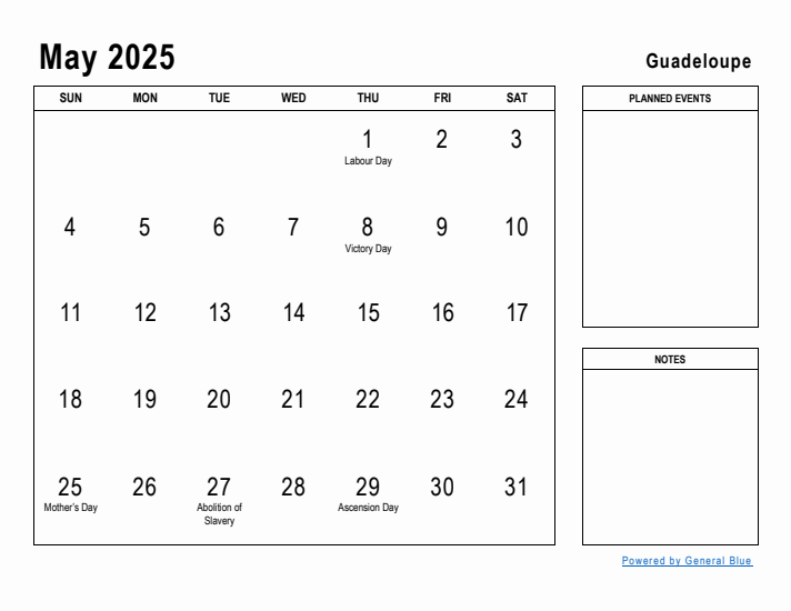 May 2025 Printable Monthly Calendar with Guadeloupe Holidays