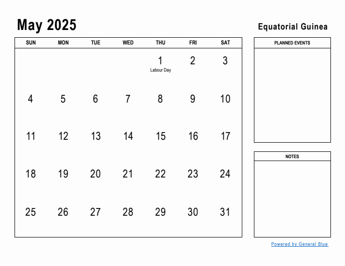 May 2025 Printable Monthly Calendar with Equatorial Guinea Holidays