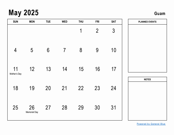 May 2025 Printable Monthly Calendar with Guam Holidays