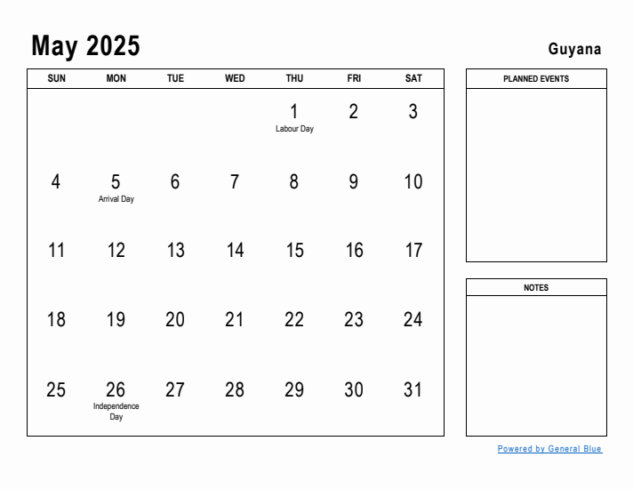 May 2025 Printable Monthly Calendar with Guyana Holidays