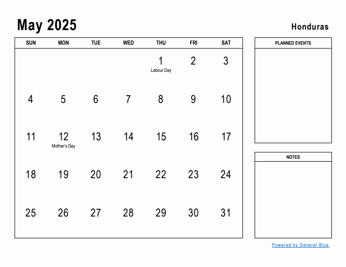 May 2025 Printable Monthly Calendar with Honduras Holidays