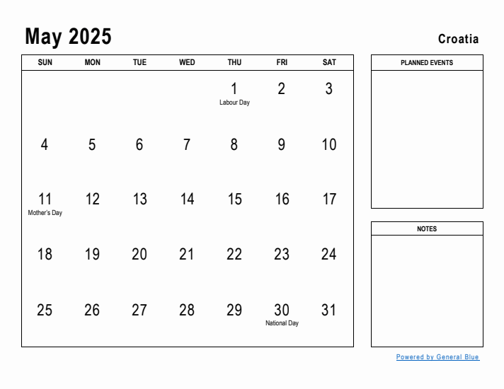 May 2025 Printable Monthly Calendar with Croatia Holidays