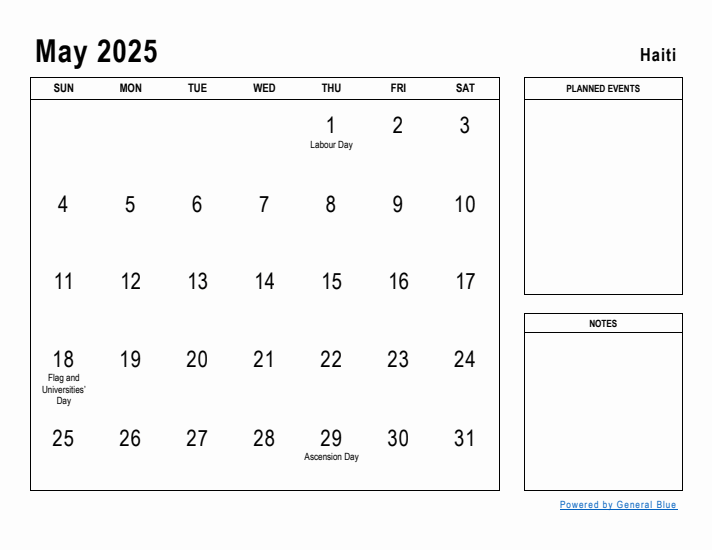 May 2025 Printable Monthly Calendar with Haiti Holidays