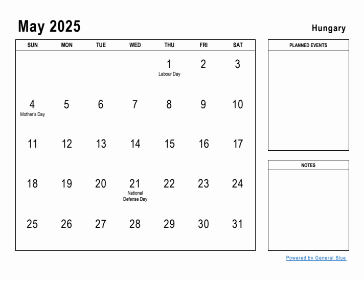 May 2025 Printable Monthly Calendar with Hungary Holidays