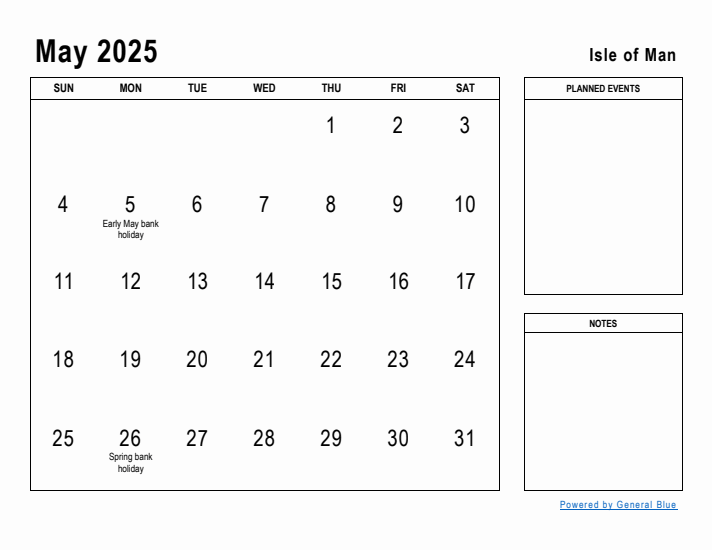 May 2025 Printable Monthly Calendar with Isle of Man Holidays