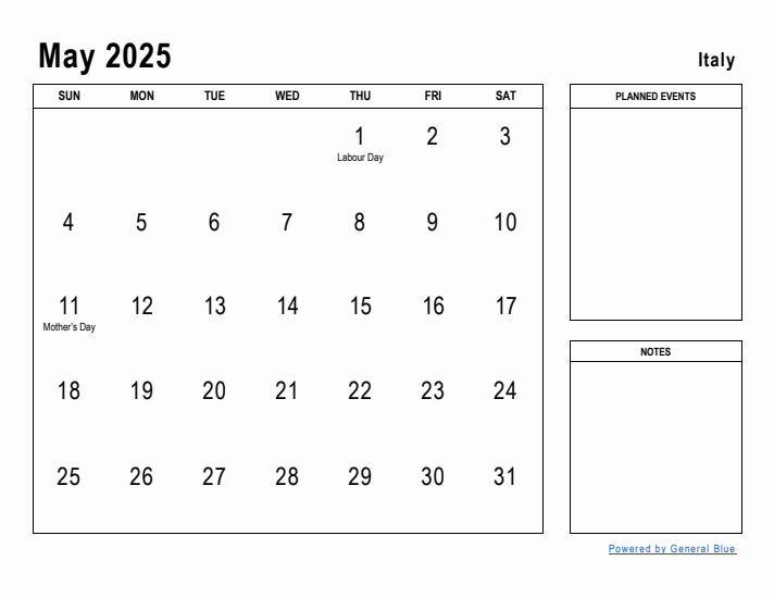 May 2025 Printable Monthly Calendar with Italy Holidays