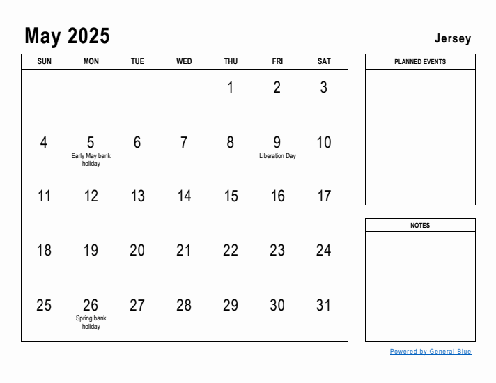 May 2025 Printable Monthly Calendar with Jersey Holidays