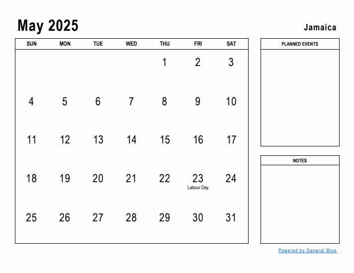 May 2025 Printable Monthly Calendar with Jamaica Holidays