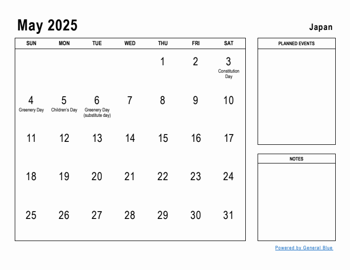 May 2025 Printable Monthly Calendar with Japan Holidays