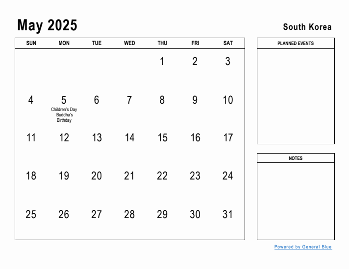 May 2025 Printable Monthly Calendar with South Korea Holidays